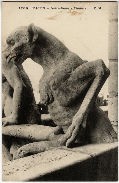 Gárgola o chimere de la catedral Notre Dame de París construida entre 1163 y el siglo XIV - Tarjeta postal, colección Selva de Artist Unknown