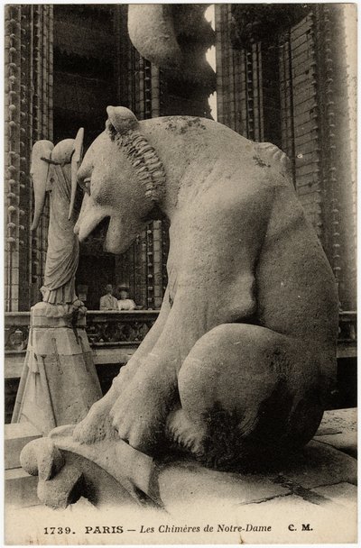 Gárgola o chimere de la catedral Notre Dame de París, construida entre 1163 y el siglo XIV - Tarjeta postal, colección Selva de Artist Unknown