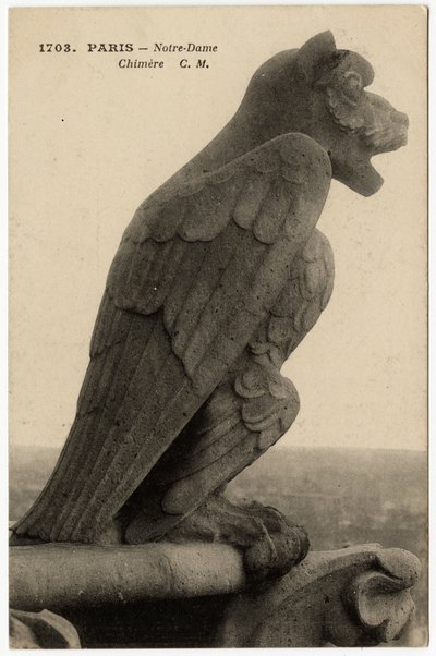 Gárgola o chimere de la catedral Notre Dame de París, construida entre 1163 y el siglo XIV - Tarjeta postal, colección Selva de Artist Unknown