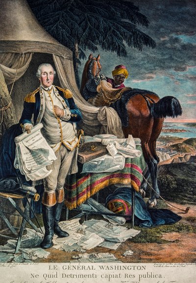 George Washington en un campo de batalla sosteniendo la Declaración de Independencia (grabado coloreado a mano) de Artist Unknown