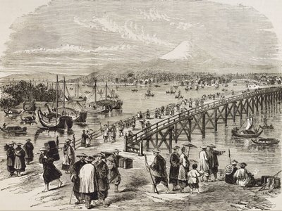 JAPÓN (siglo XIX).Ciudad de Edo, atravesada por el río Toniak. Grabado. Colección privada de Artist Unknown