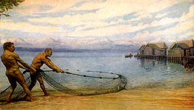 Lake Dwellers Fishing, Hombre prehistórico (impresión) de Artist Unknown