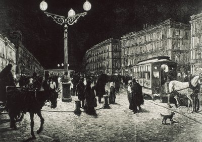 Madrid (1878). La Puerta del Sol iluminada con luz eléctrica. Dibujo de Pellicer para "La Ilustración Española y Americana". Aguafuerte. de Artist Unknown