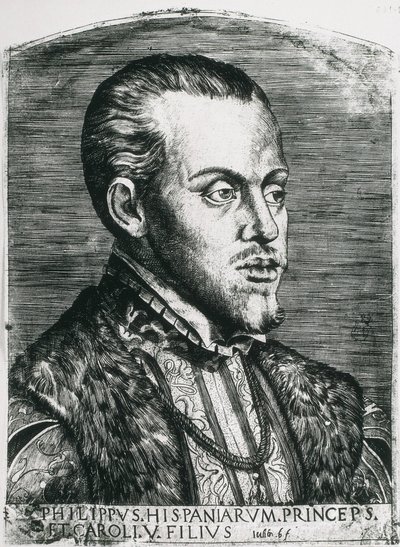 FELIPE II de España (1527-1598). Rey de España (1556-1598) y de Portugal (1580-1598). Retrato de Felipe todavía como príncipe. Xilografía. de Artist Unknown