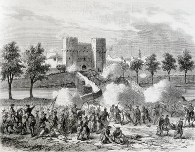España (1868). Revolución Gloriosa. Ataque de las tropas gubernamentales en la Puerta de Serrans de Valencia. Grabado de "La Ilustración. Jorinal Universal". Aguafuerte de Artist Unknown