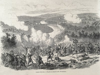 España. Revolución de 1868. Batalla de Alcolea (20 de septiembre), que culminó con el destronamiento de Isabel II. Grabado de Artist Unknown