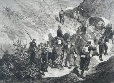 España. Tercera Guerra Carlista. Prisioneros carlistas caminando por las montañas del Ampurdán (Cataluña). Grabado. de Artist Unknown