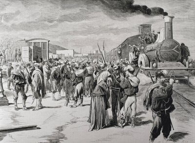 España. Tercera Guerra Carlista. Salida de un batallón de cuerpos libres contra los carlistas desde Barcelona. Imagen de "La Ilustración española y americana" (8 de abril de 1873). Grabado de Artist Unknown