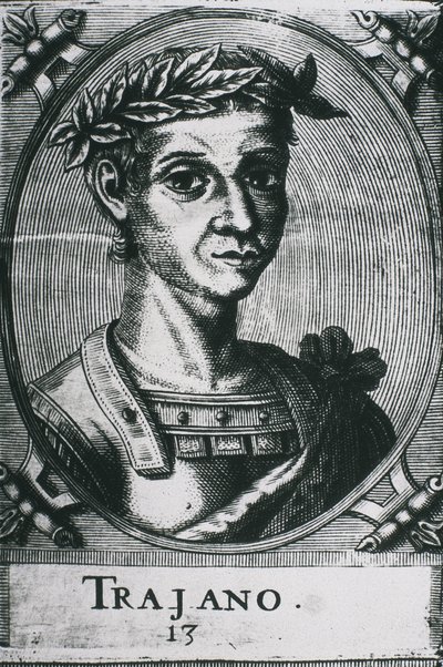TRAJANO, Marco Ulpio Trajano (53-117). Retrato de Trajano con laureles. Detalle del grabado original. Grabado. de Artist Unknown