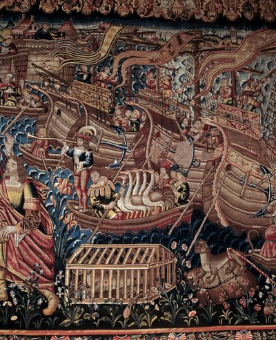 El navegante portugués Vasco de Gama (1459-1524) llegó a Calicut en la India en 1498, detalle, tapiz de Artist Unknown