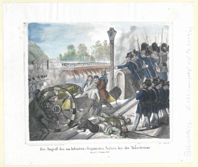 El ataque del k. k. Regimiento de Infantería Nassau en el Taborbruecke (Puente Tabor) el 6 de octubre de 1848 de Artist Unknown