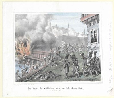 El incendio del Nothbruecke cerca del bastión Rothenthurm en octubre de 1848 de Artist Unknown