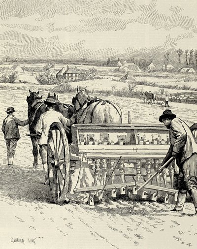 REINO UNIDO. INGLATERRA. Revolución industrial. Máquina perforadora inventada por Jethro Tull. Siembra de cebada en febrero. Dibujo de Gunning King publicado en "The Illustrated London News". Grabado. de Artist Unknown