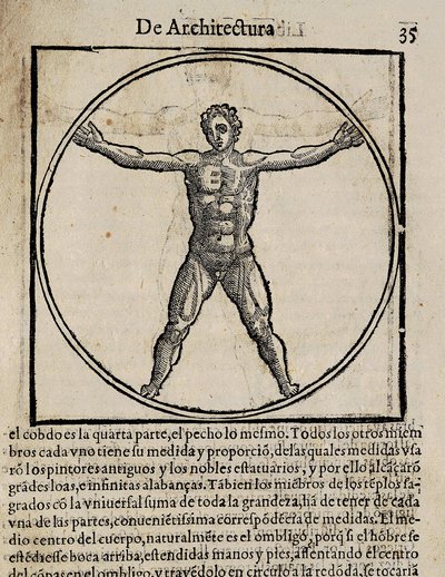 VITRUVIUS, Marco Vitrubio Polio (siglo I a.C.). "De Architectura", con traducción al castellano de Miguel de Urrea. Editado en Alcalá de Henares por Juan Gracián (1582). Ilustración de la página 35 con el canon del cuerpo humano. Xilografía de Artist Unknown