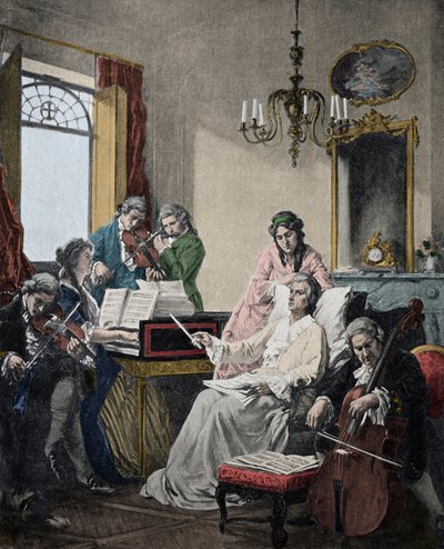 Wolfgang Amadeus Mozart (1756-1791) moribundo, dirige a un grupo de músicos para el Réquiem que acaba de terminar (Mozart (1756-1791) en sus últimos días dirigiendo a un grupo de músicos para el Réquiem) de Artist Unknown