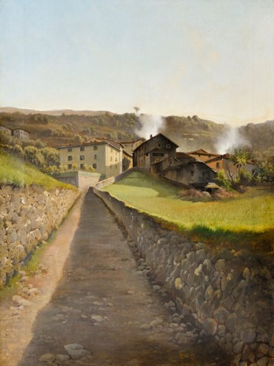 Pueblo con carretera y casas, c.85 (óleo sobre lienzo) de Arturo Faldi
