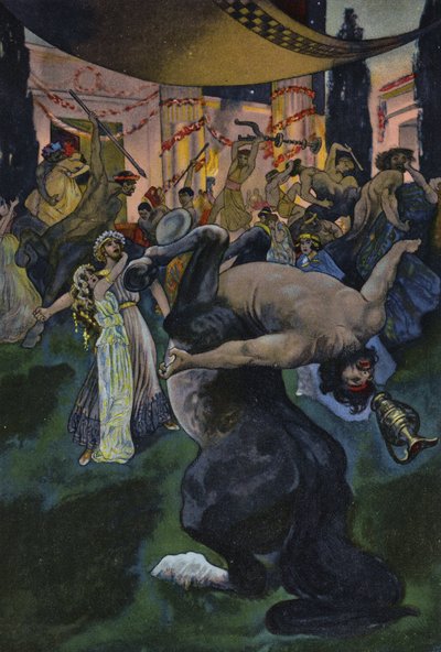 Sátiros interrumpiendo el banquete de bodas de Orfeo y Eurídice, escena de Orfeo en el inframundo de Artus Scheiner