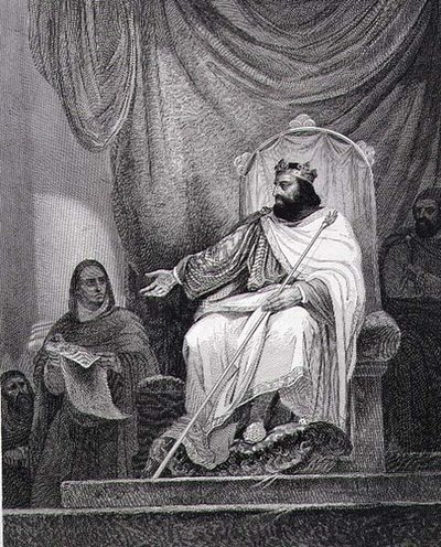Carlomagno (742-814) emitiendo el Capitulare de Herstal en 779, grabado por Leclerc de Ary (after) Scheffer
