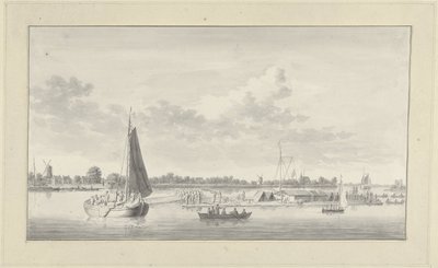 Gran balsa y varios barcos en el Merwede, cerca de la casa de Merwe, cerca de Dordrecht de Ary van Wanum