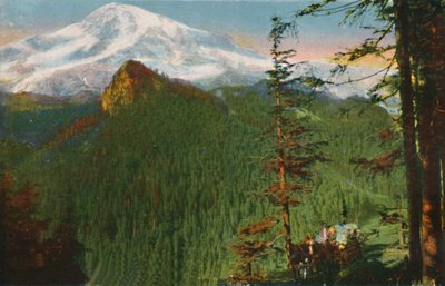 El camino en Rickseeker Point, Monte Rainier en la distancia, Washington, c1916 de Asahel Curtis