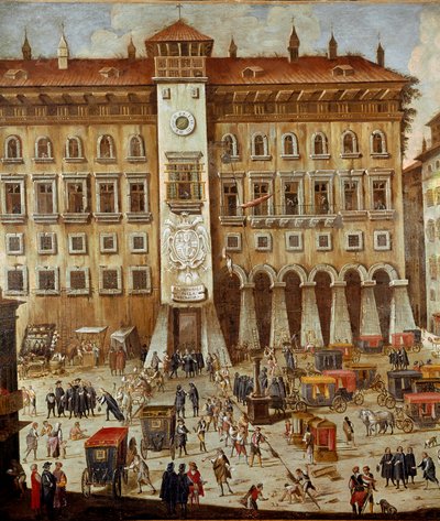 Plaza del Tribunal de la Vicaria en Nápoles en la época de la revolución de Masaniello. Criminales son juzgados frente a la entrada, un hombre colgado de una cuerda (detalle) de Ascanio Luciani