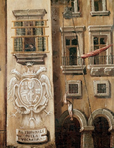 Lugar de la corte de la Vicaria en Nápoles en el momento de la revolución de Masaniello - Detalle que representa a un hombre colgado frente a la entrada del palacio - Pintura de Ascanio Luciani (ca. 1621-1706) Nápoles, Museo Nacional de San Martino de Ascanio Luciani