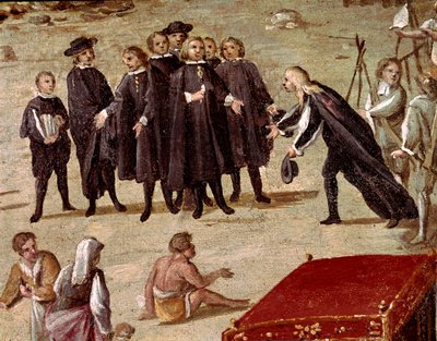 Plaza del tribunal de la Vicaria en Nápoles en la época de la revolución de Masaniello (detalle de un abogado presentando una petición a un magistrado) de Ascanio Luciani