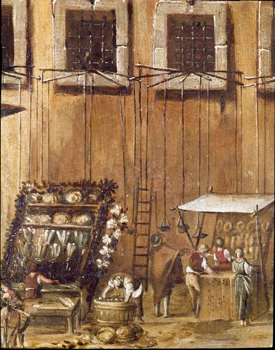 Plaza del tribunal de la Vicaria en Nápoles en la época de la revolución de Masaniello (detalle de vendedores de pan y pescado) de Ascanio Luciani