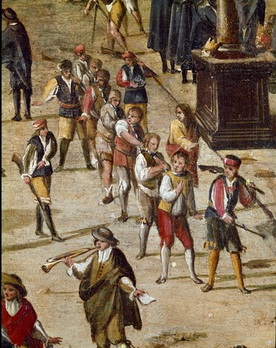 Plaza del tribunal de la Vicaria en Nápoles en la época de la revolución de Masaniello. Criminales son juzgados ante la entrada - Detalle que representa un grupo de convictos encadenados por el cuello - Pintura de Ascanio Luciani (ca. 1621-1706) Nápoles, M de Ascanio Luciani