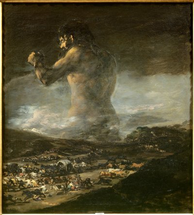 La silueta del Coloso de un gigante caminando por las llanuras de un paisaje muy oscuro y sembrando el miedo, la muerte, la miseria y la huida del pueblo español. Es un símbolo de la guerra de independencia de España contra Napoleón I Bonaparte. Pintura at de Asensio Julia
