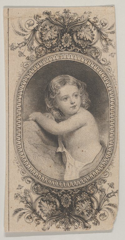 Motivo de billete: retrato de un niño y dos óvalos con patrones rodeados de un diseño floral de Asher Brown Durand.