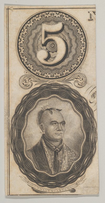 Motivos de billetes: el número 5 y un retrato de Thayendanegea, ca. 1824-37 de Asher Brown Durand.