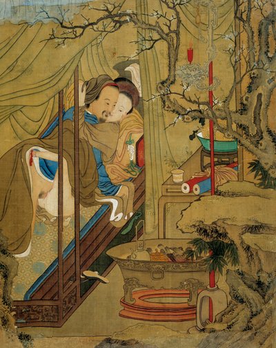 Arte asiático: escena erótica. Una pareja durante el acto de amor en una cama. Pintura sobre seda del siglo XVIII de Asian School