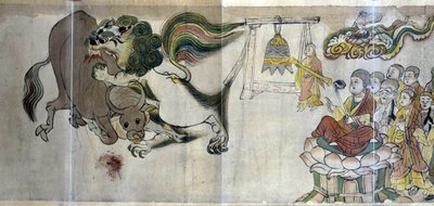 El triunfo de Sariputra sobre los herejes. El sabio Sariputra demuestra la superioridad del budismo mostrando un león a través de un prodigio: el cervatillo devora un toro que un mago hereje ha traído a la luz de Asian School