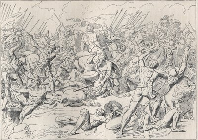 Guerra del Peloponeso: La batalla de Potidea (La battaglia di Potidea) donde el filósofo griego Sócrates salvó la vida en Alcibíades. (Grabado d