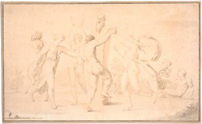 Bacanal. Un sátiro, una bacante y tres bacantes bailan alrededor de una herma de Príapo de Asmus Jacob Carstens