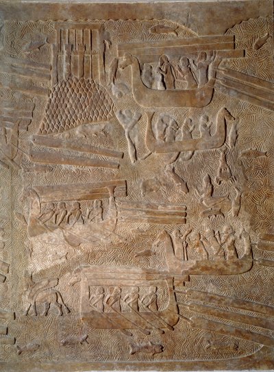 Arte Mesopotamia (Asiria): patio del palacio del rey de Asiria Sargón II (721 - 705 a.C.) transporte de madera de cedro desde el Líbano de Assyrian
