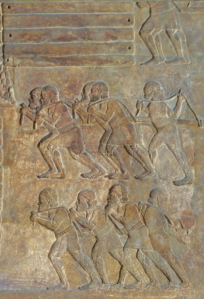 (detalle) de un relieve que representa el almacenamiento de madera en la orilla antes del transporte por mar, del Palacio de Sargón II, Khorsabad, Irak de Assyrian