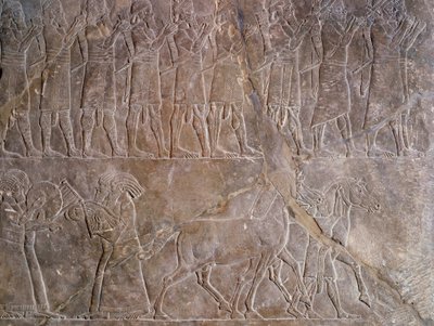 Antigüedad oriental: detalle de un bajorrelieve en piedra caliza: los músicos de la armadura de Asurbanipal o Asurbanipal, rey de Asiria (Mesopotamia) (669 a.C.-627 a.C.). 640 a.C. De Nínive. París, Museo del Louvre de Assyrian