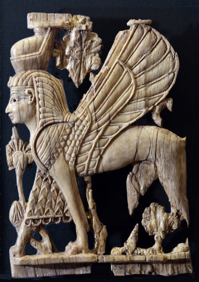 Grifo alado con cara humana, decoración de muebles de marfil de estilo fenicio, Nimrud, 800-700 a.C. (marfil) de Assyrian