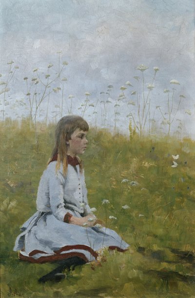 Chica en un prado de flores, c.1885 (óleo sobre lienzo) de Asta Nørregaard