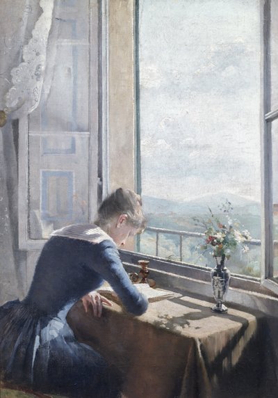 mujer leyendo por una ventana abierta de Asta Nørregaard