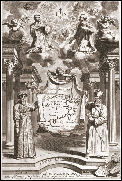 Adam Schall (izquierda) y Matteo Ricci (derecha) con traje mandarín chino, frontispicio de "China" de Athanase Kircher de Athanasius Kircher