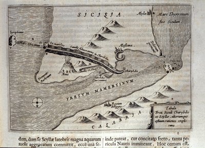 Representación cartográfica de Caribdis y Escila en el estrecho de Mesina, Sicilia. Grabado de 