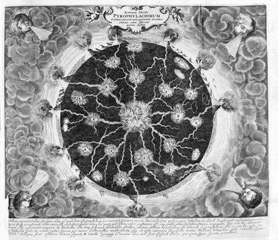 Sección transversal de la tierra mostrando el fuego central, fuegos y volcanes, de un grabado en cobre de “Mundus subterraneus” de Athanase Kircher (o Athanasius Kircheri) de Athanasius Kircher