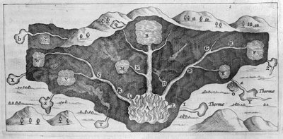 Sección transversal de la corteza terrestre permitiendo a Athanasius Kircher demostrar el origen de los manantiales termales de Athanasius Kircher