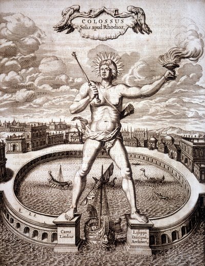 El Coloso de Rodas (estatua de Helios) en la entrada del puerto. - en “Turris Babel” de Athanasius Kircher (1601-1680), orientalista y erudito alemán de Athanasius Kircher