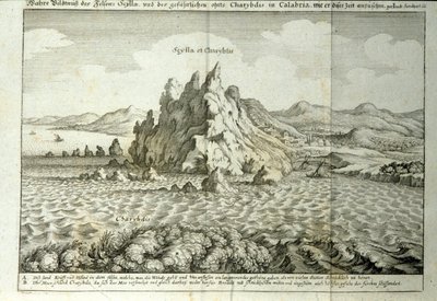 Vista de las rocas de Caribdis y Escila en el estrecho de Mesina, Sicilia. Grabado de 