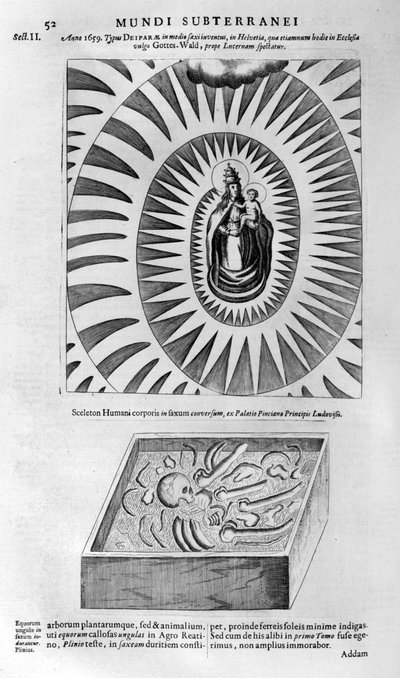 Virgen y niño y un esqueleto humano, 1678 de Athanasius Kircher