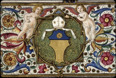 Misal de Thomas James: detalle de las armas del comisario, "Or, on a chief azure a rose Or". de Attavante degli Attavanti